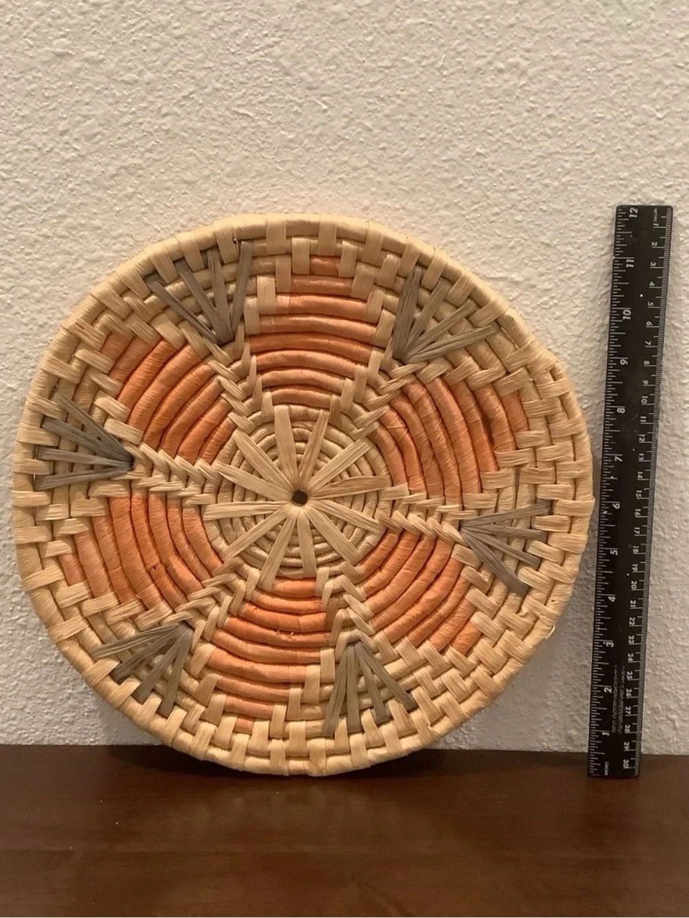 Trivet, Round Orange & Green Rattan Trivet
